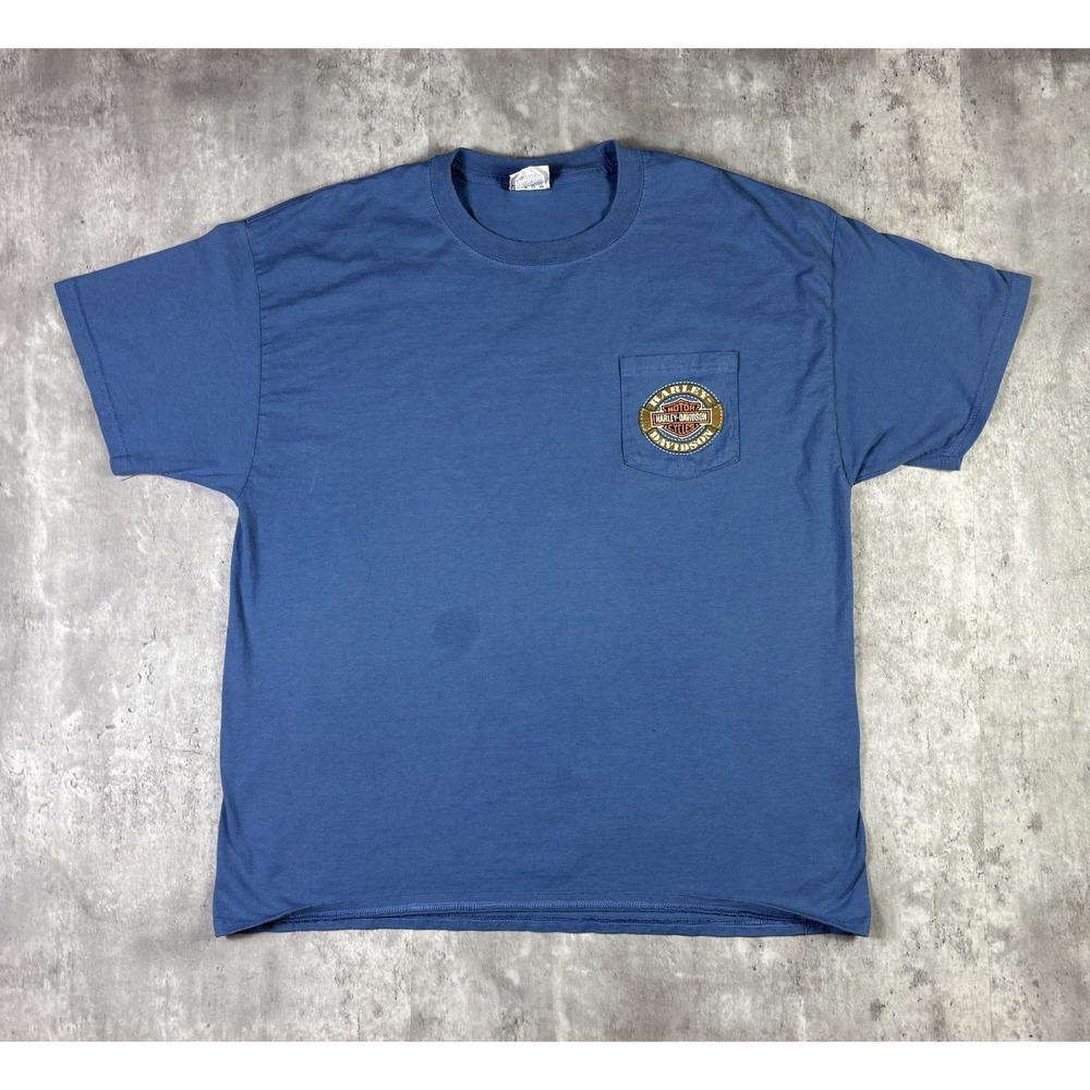 Vintage Harley Davidson T Shirt Pocket Double Sided Biker Blue XL 90s Y2K
